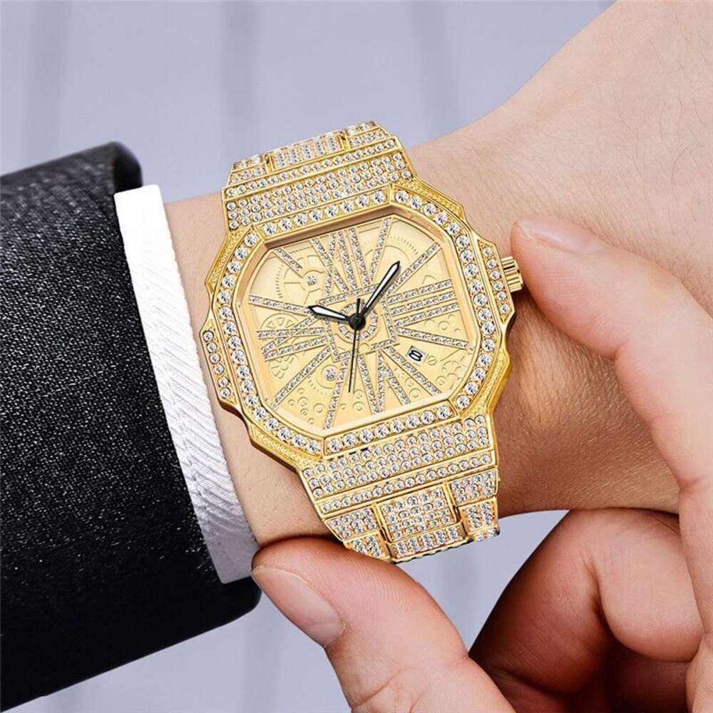 Men's Hiphop Full Diamond Square Rhinestone Hip-hop Flash Black Fashion Super Flow Calendar Quartz Watch