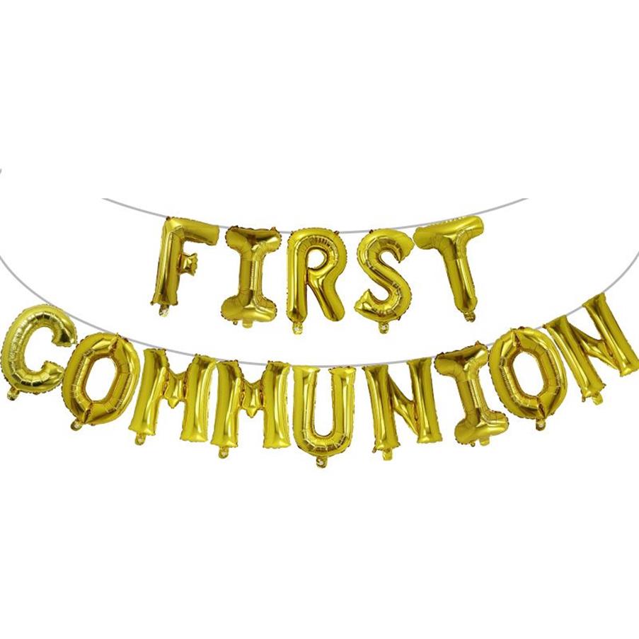 First Holy Communion Gold Balloons Bunting Banner Religious 1st Confirmation Christening Wall Decoration Po Props Ballon L167C