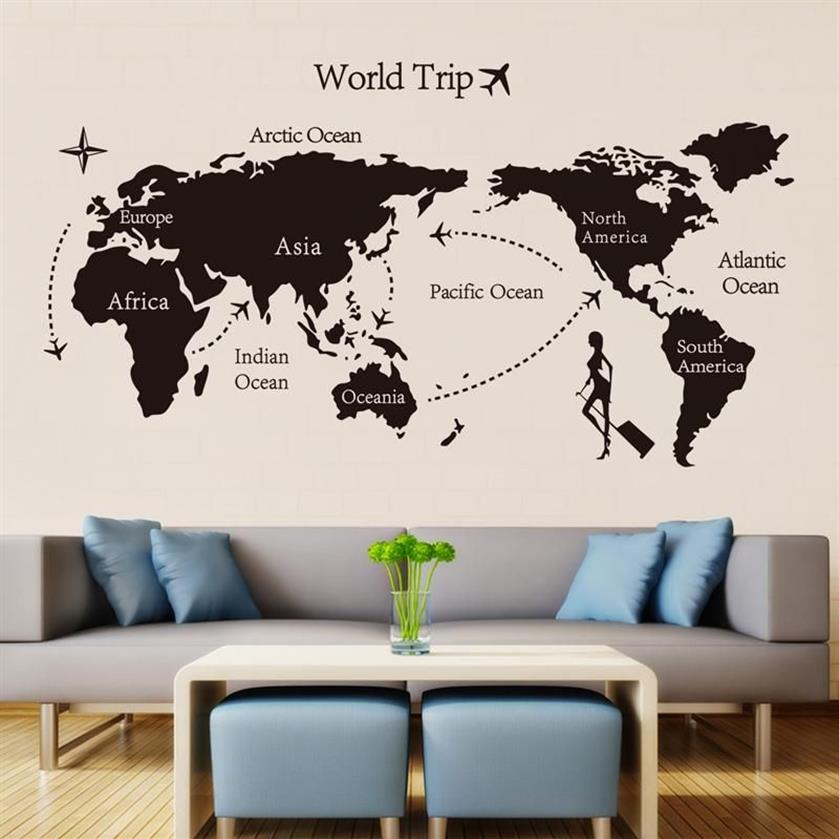 Black World Trip Map Vinyl Vinyl Wall Stickers For Kids Room Home Decor Office Office Art Decals 3d Paper peint salon Décoration de chambre à coucher 267n