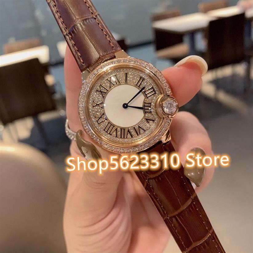 Moda Ladies Crystals Dress Roman Watches Zircon Quartz Assista Relógio Relógio Mulheres Diamantes Full Real Leather Watch 36mm322g