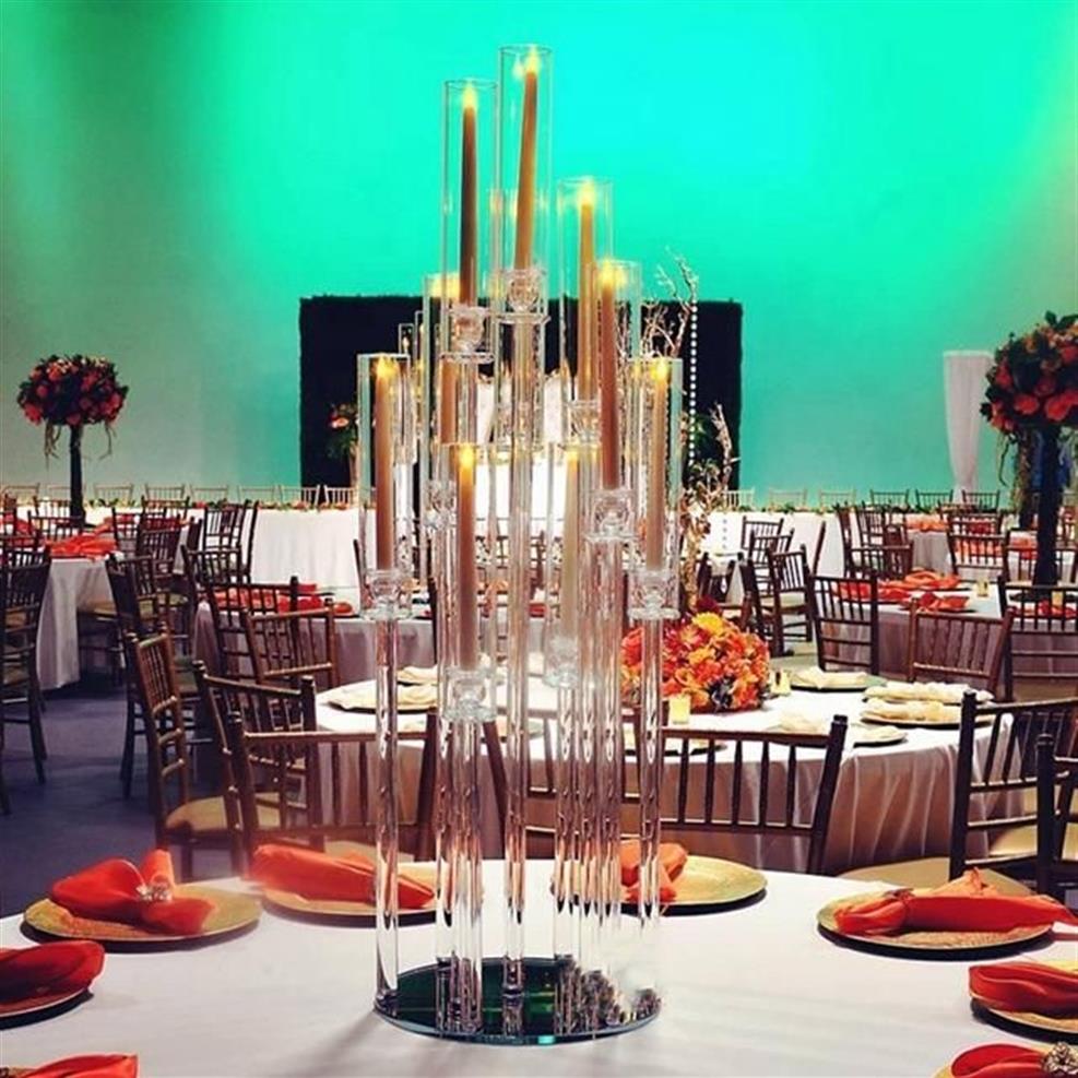Dekoracja imprezy cała 10 ramion długi łodyg nowoczesny przezroczysty akrylowy huragan kryształowe posiadacze świec ślubnych stolik centralny241h