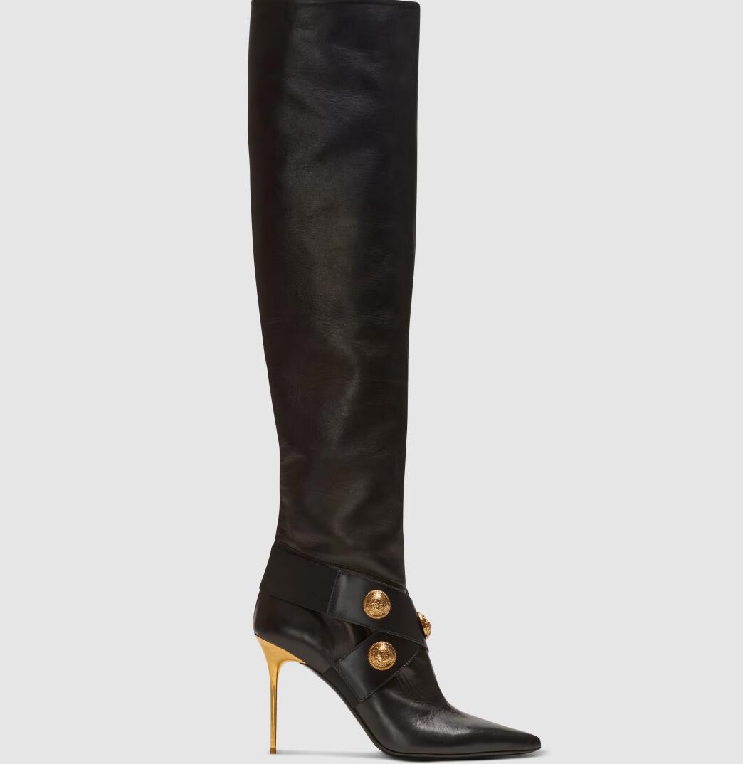 العلامة التجارية الشتوية الأنيقة Alma Women Over-the-Knee Boots Stiletto Heel محفورة الأزرار المعدنية الذهبية