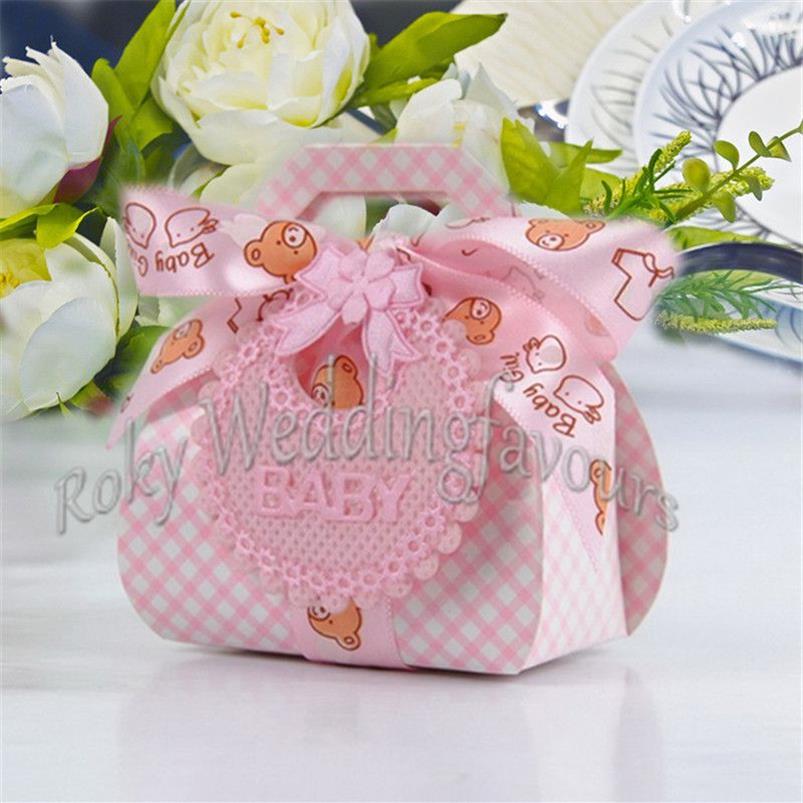 24 pezzi a forma di orso Scatole caramelle fai da te Regalo feste Battesimo Baby Shower Scatole bomboniere Scatole caramelle con etichette con bavaglino Ribb274U