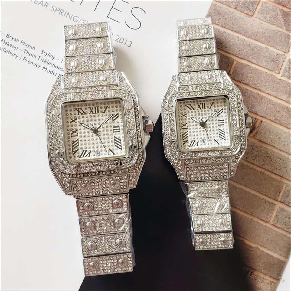 Män tittar på kvinnor tittar på full diamant glänsande kvartsrörelse isad ut armbandsur silver vit god kvalitet analog älskare armbandwtaches308v