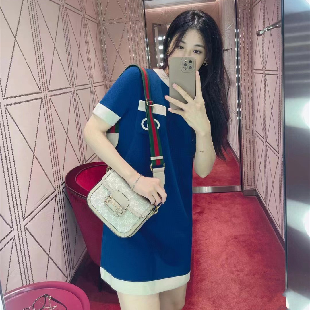 Women's Dresses Designer Dress Summer New Round Neck Pocket Letter Pattern Knitted Fabric Short Sleeve Dress