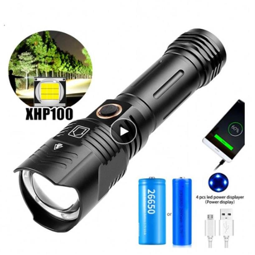 XHP100 جديد XHP LED LED Tractical Trach Torch XHP90 مصباح يدوي USB قابلة لإعادة الشحن بحلول 18650 26650 البطارية 2957