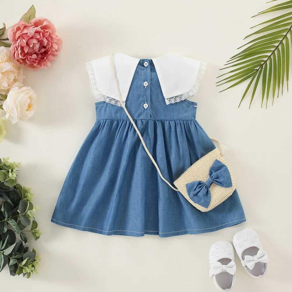 Girl's Dresses Summer Baby Girl Denim Dress Lace Lapel Baby Princess Dress Sleeveless Tank Top Skirt Free BagL231222