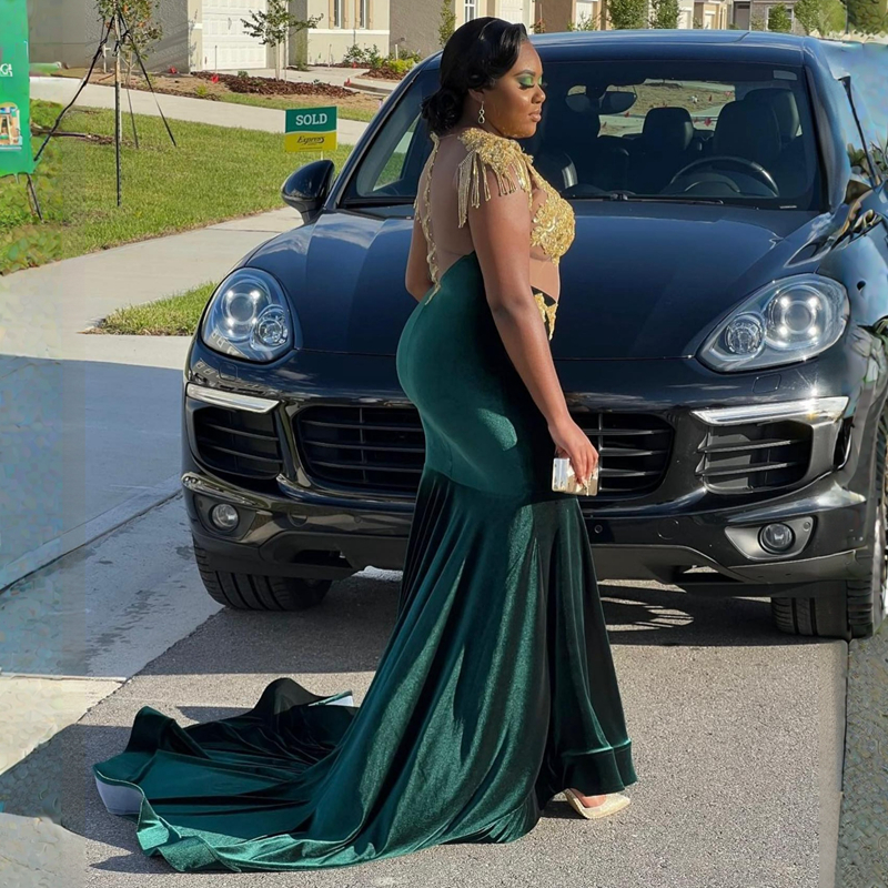 Shine Hunter Green Plus Size Aso Ebi Prom Dresses Illusion Mermaid Beading Sexy Appliqued Evening Formal Dresses for Special Occasions Birthday Party Gowns AM245