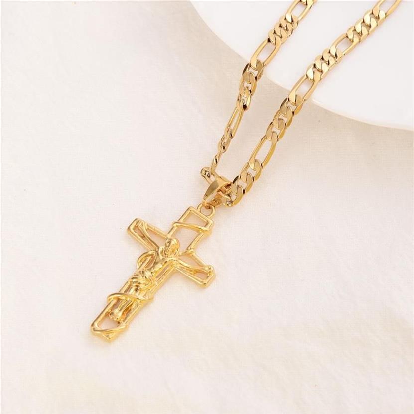 18 K Solidne drobne żółte złoto wypełnione Jezus Crucifix Cross Cross Ramka Włoska Naszyjnik łańcuchowy Figaro Link 60 cm 3mm255U