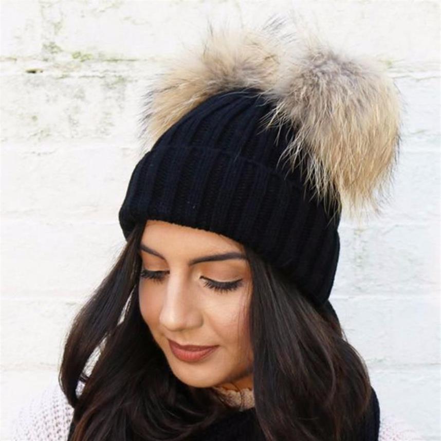 Doppelpelzkugel Cap Pom Pom Winter warmer Hut für Frauen Mädchen gestrickt