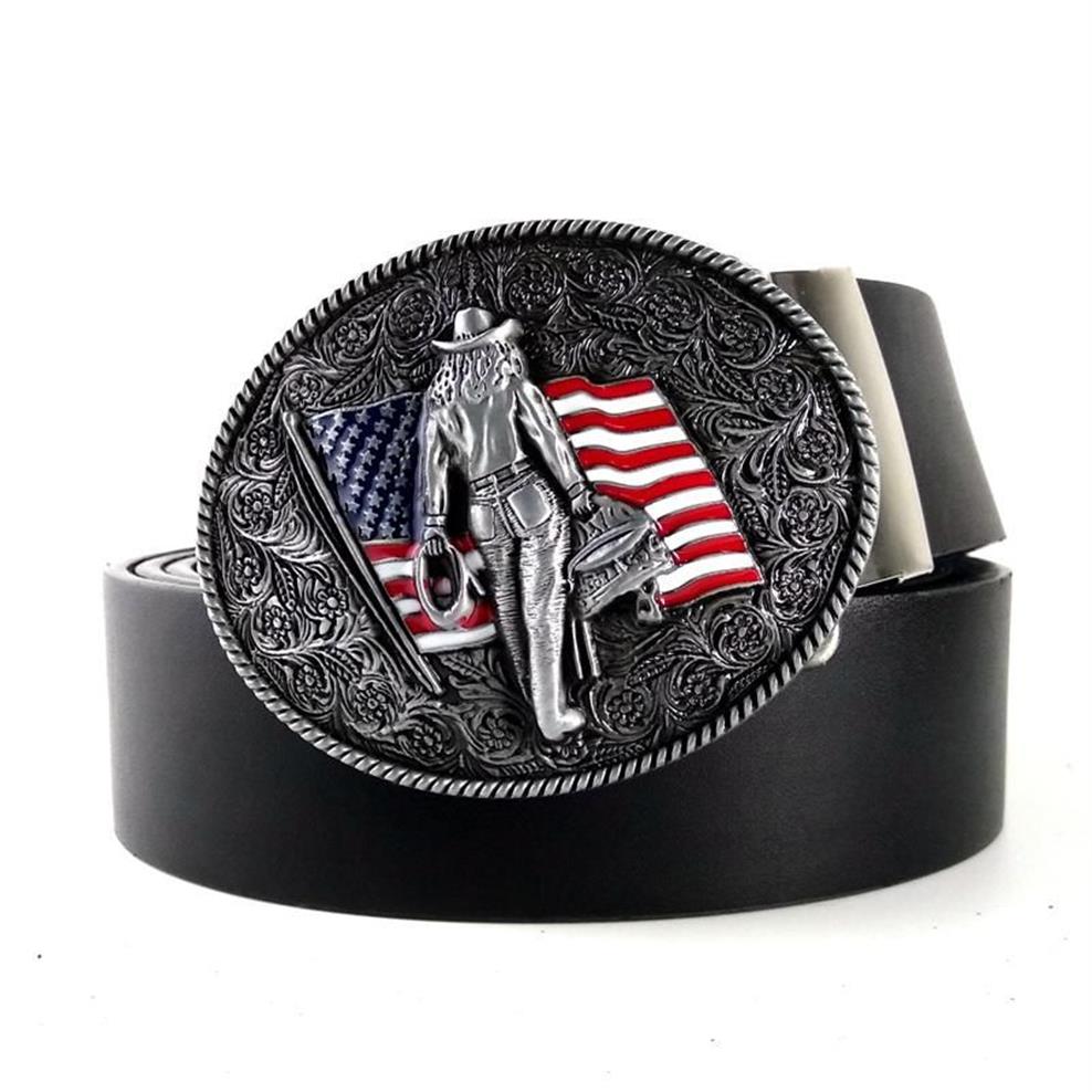 Belts Vintage Mens High Quality Black Faux Leather Belt With American Flag Western Country Cowboy Clip Metal Buckle For Men Jeans2099