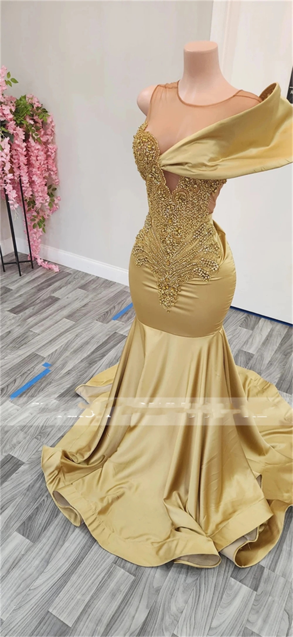 Champagne O Neck Long Prom Dress For Black Girls 2024 Beaded Crystal Birthday Party Dresses Evening Gowns Gown Robe De Bal