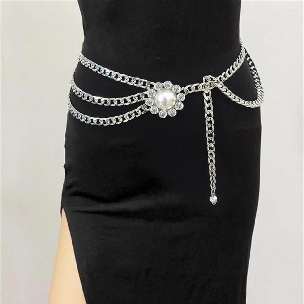 Bälten midjekedja flerskikt elegant hypoallergenisk högglans justerbara glänsande strass efterliknar Pearl Women's Body Belt236f