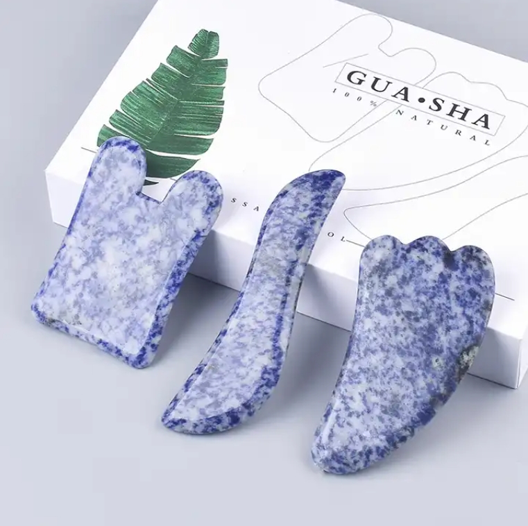 Jade Gua Sha Tools faciaux Set Beauty Natural Blue Spot Jasper Guasha Stone pour le visage du corps Coup de soins de la peau et des yeux pour femme