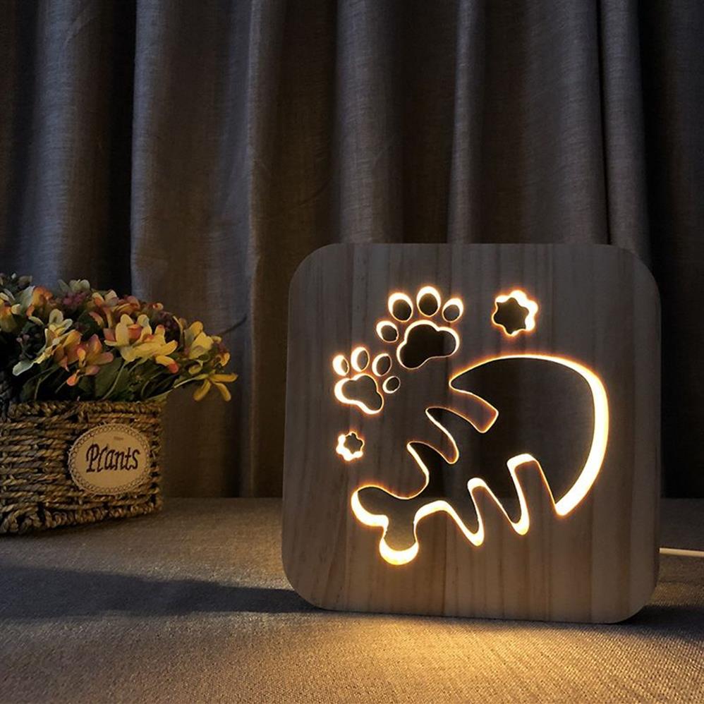 Creatieve Nieuwigheid Hout Visgraten Lamp USB Nachtverlichting Massief Houtsnijwerk Holle Nachtlampje voor Slaapkamer Bed Licht Gift238v