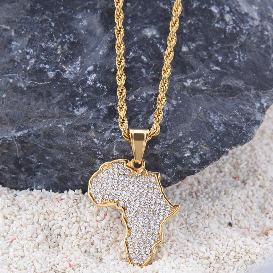 Hip Hop African Maps Full Drill Pendant Necklaces 14kK Gold Plated Set Auger Crystal Stainless Steel Necklace Mens Women Jewelry G2885