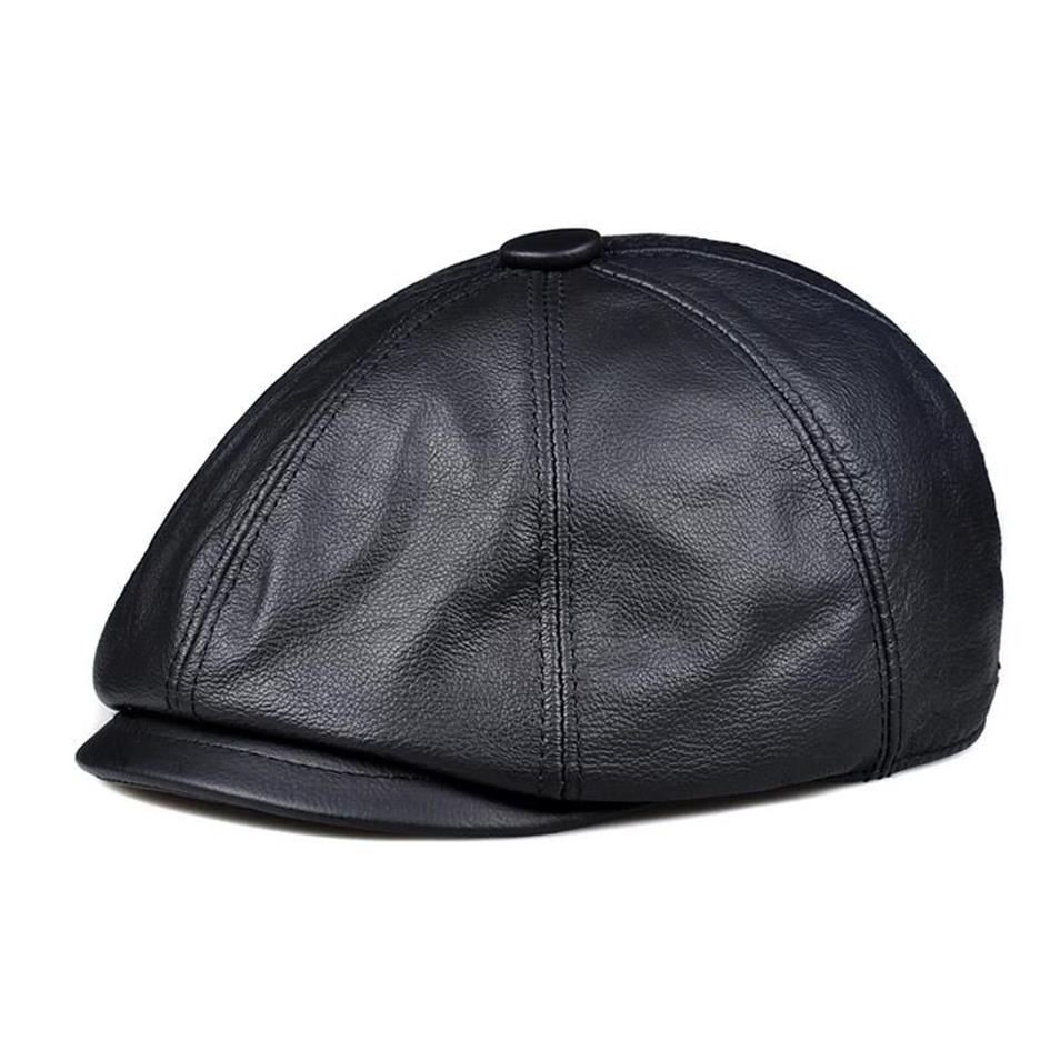 Men's Genuine Leather Warm Octagonal Cap Casual Vintage Sboy Cap Golf Driving Flat Cabbie Hat Winter Male Artist Gatsby Ber2764