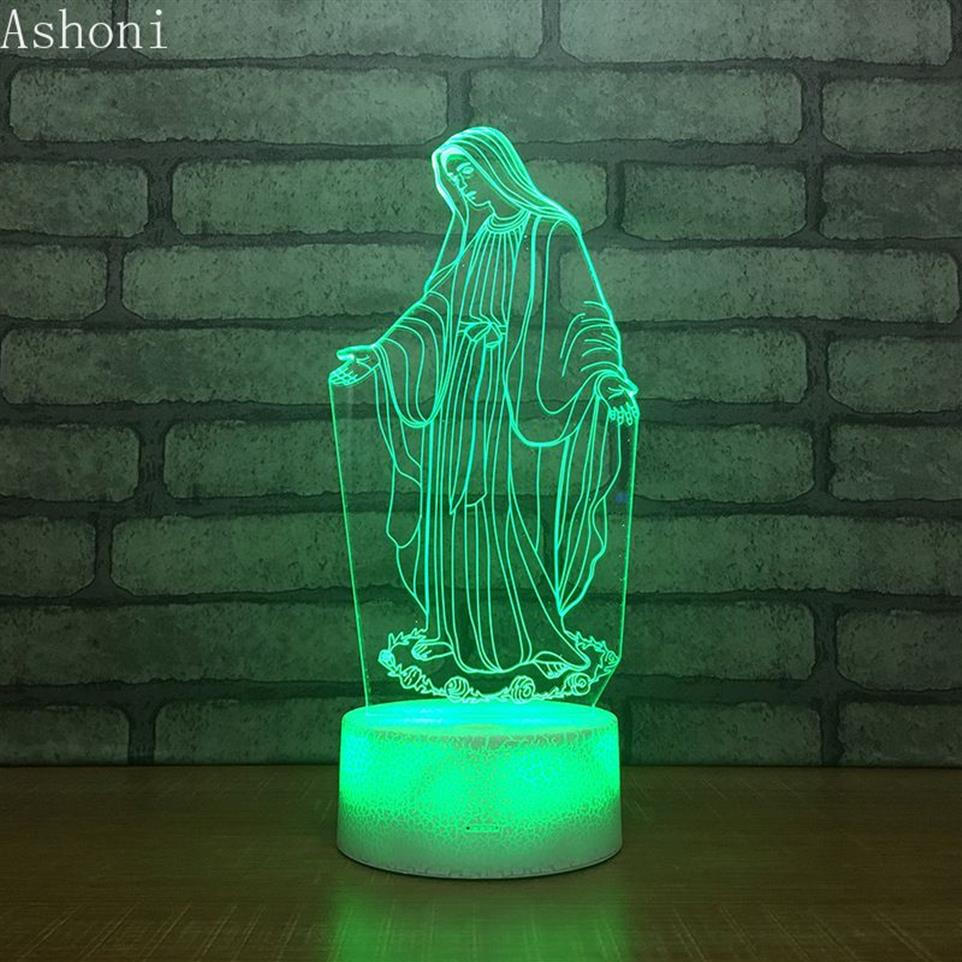 3d acrílico led noturno luz abençoada Virgem Mary Touch 7 Cor de mesa Lâmpada de mesa Party Party Decorative Light Christmas Gift286J