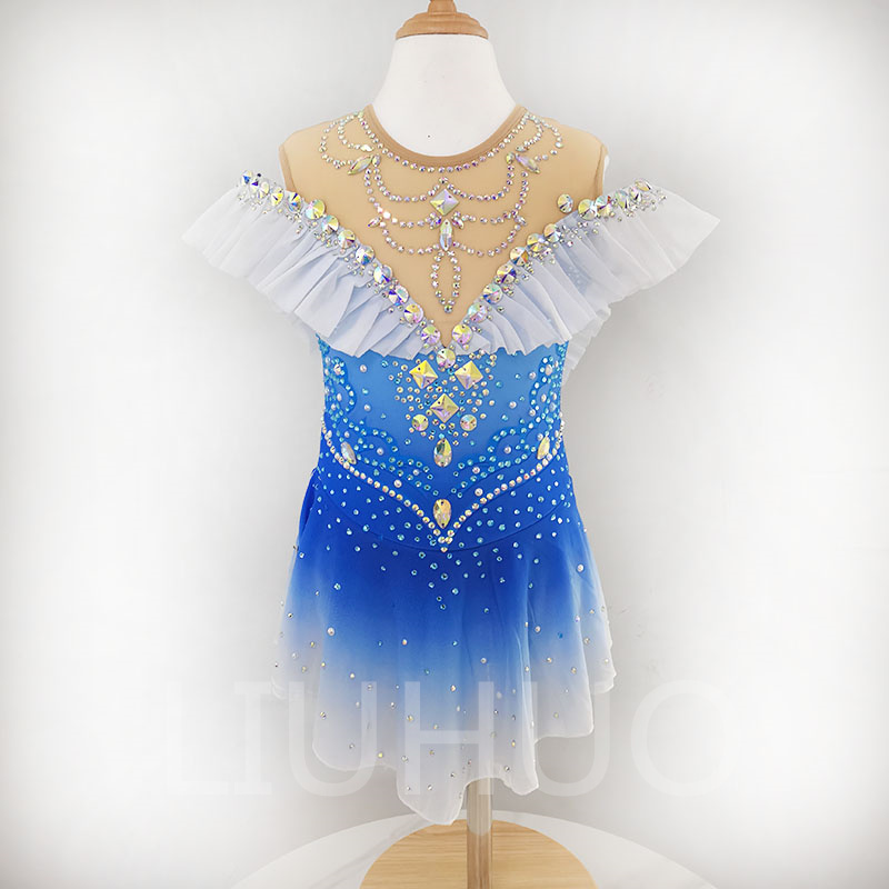 Figure Skating Dress Girls Teens Blue Gradient Ice Skating Dance Skirt Quality Crystals Dancewear Ballet Performance