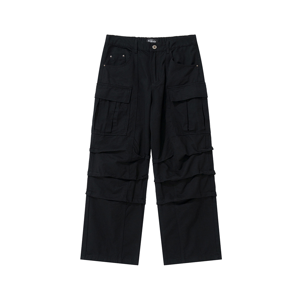 Vintage Pocket Casual Cargo Pants for Men Elastic Waist Straight Oversize Overalls Streetwear Trousers
