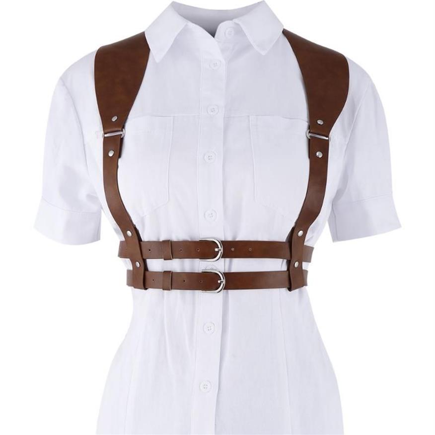 Bälten 2022 Fashion Punk Brown Leather Harness Belt Strap Girdle Sexiga kvinnor handgjorda dekorativa skjorta klänningar Vest244t