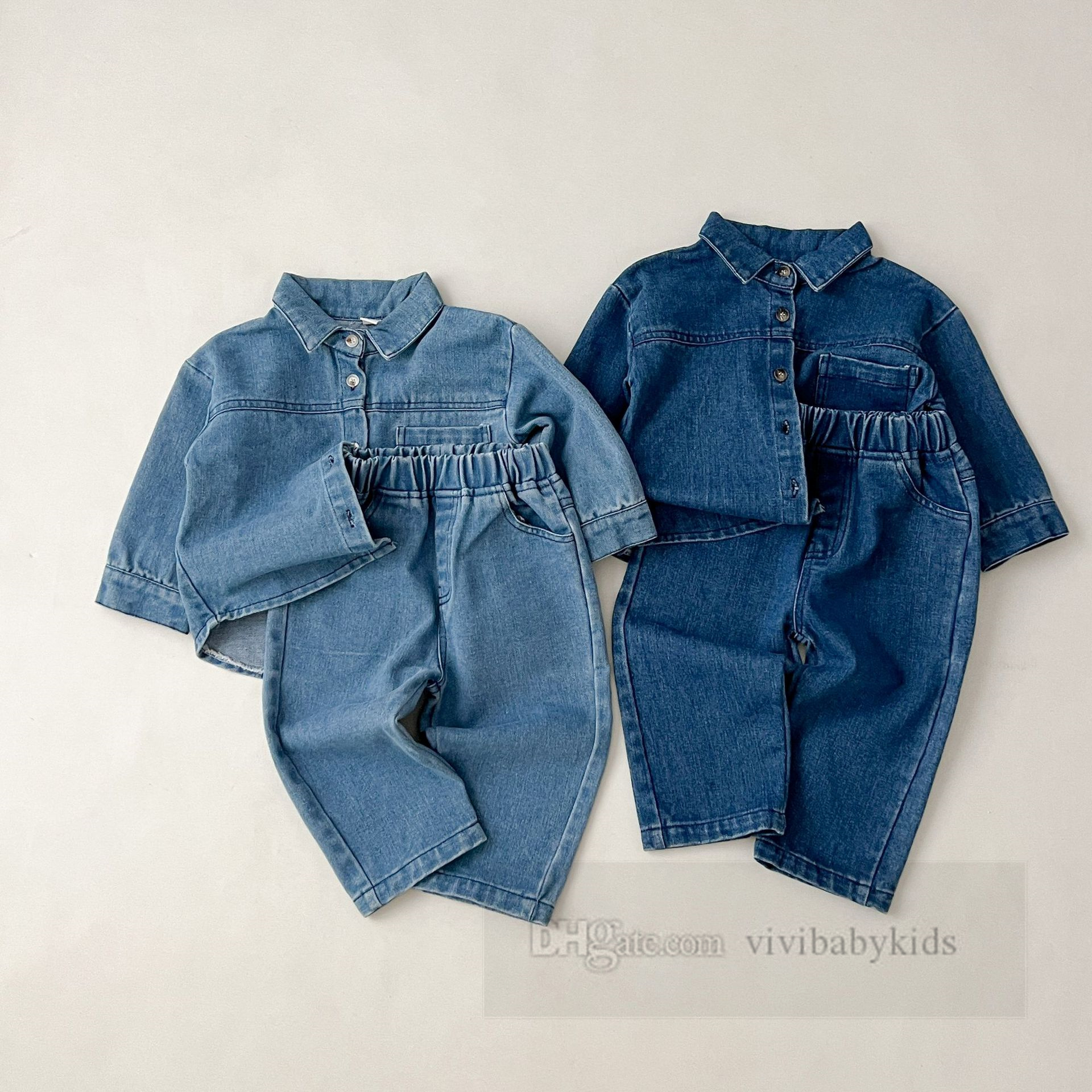 2024 Spring Kids Denim Close Sets Boys Girls Lapel Long Sleeve Shirt 청바지 패션 어린이 캐주얼 카우보이 의상 Z6237