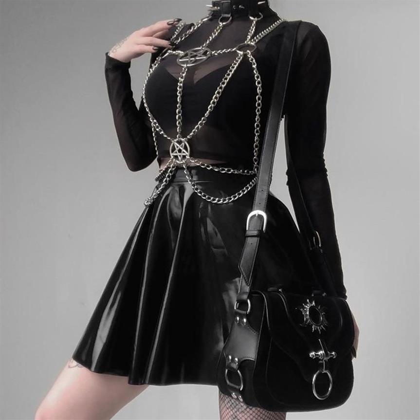 Belts Sexy Women Suspenders Chest Alloy Chain Belt Gothic Harajuku Pentagrams Patchwork Chains Tassel Harness Accessories220W
