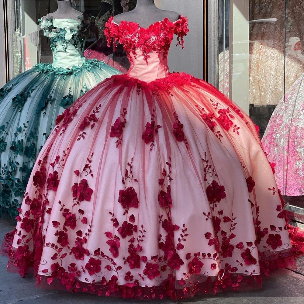 2024セクシーなQuinceanera Dresses Burgundy Off Shoulder Cap Sleeves 3D Floral Flower