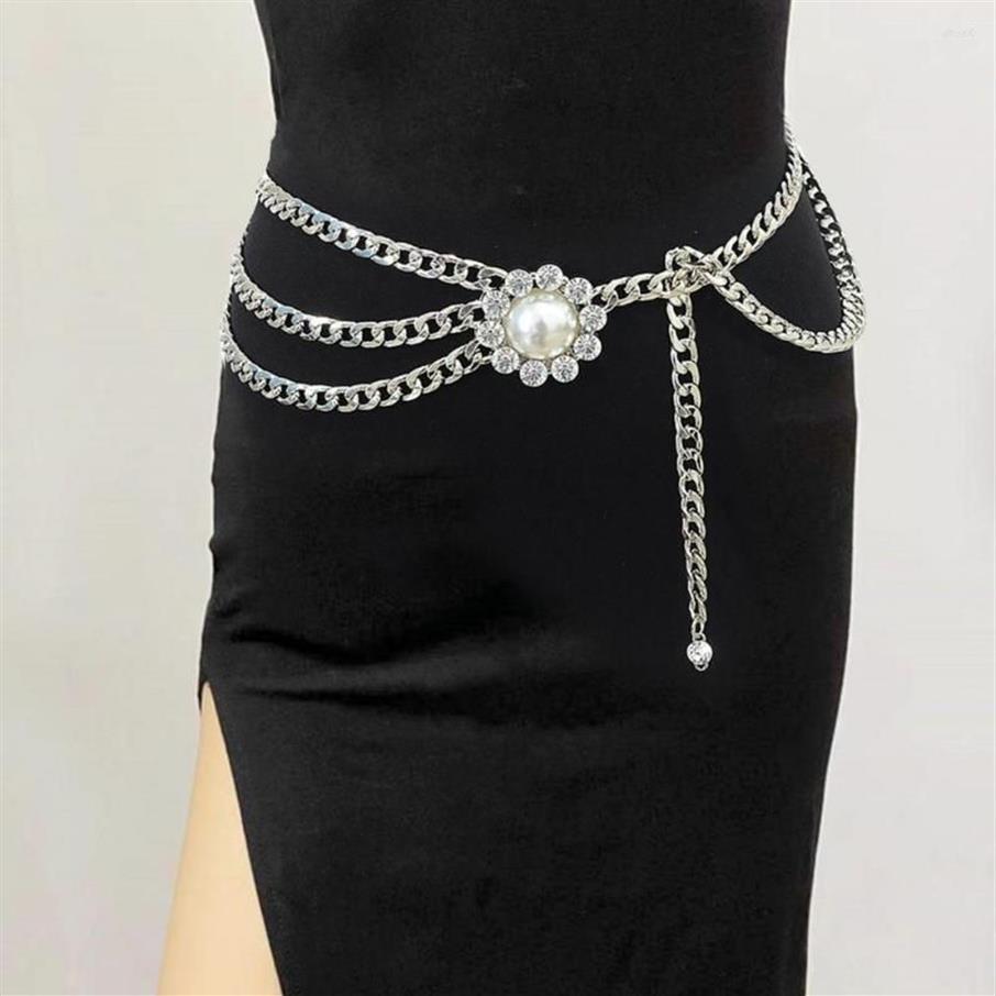 Belts Waist Chain Multilayer Elegant Hypoallergenic High Gloss Adjustable Shiny Rhinestones Mimic Pearl Women's Body Belt236f