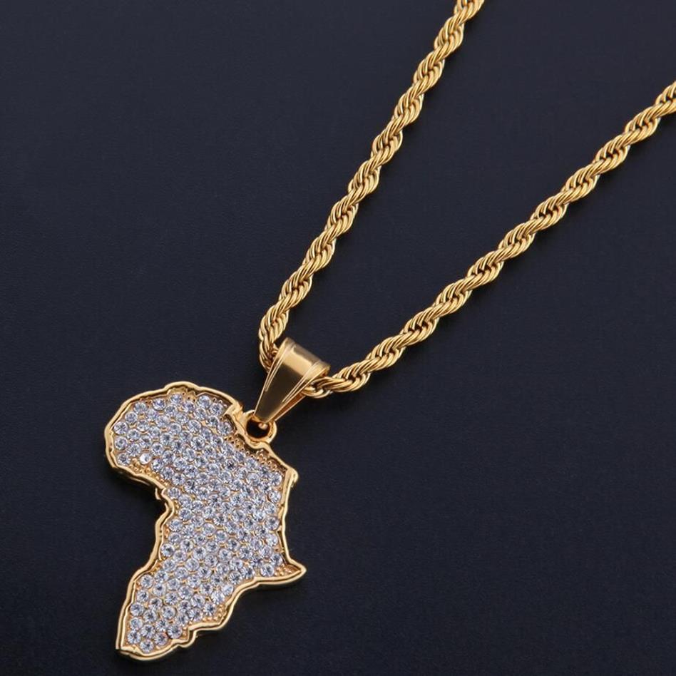 Hip Hop African Maps Full Drill Pendant Necklaces 14kK Gold Plated Set Auger Crystal Stainless Steel Necklace Mens Women Jewelry G2885