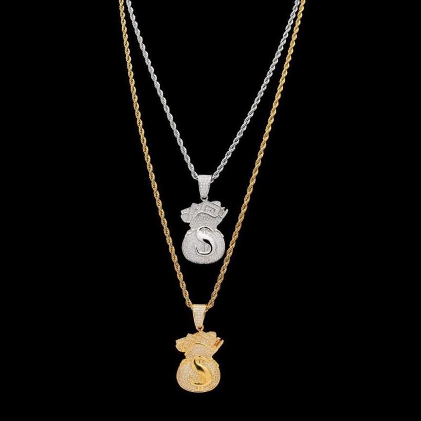 Подвесные ожерелья США Доллар Деньги сумка высокого качества кубическая циркония заморожена золотые цепи для мужского хип -хмеля
