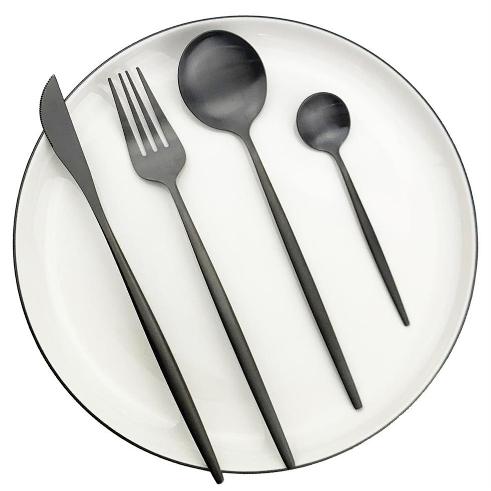 schwarzer mattes Besteck Set 304 Edelstahl -Tischgeschirr Set Lnife Fork Löffel Flatelung Western Küchen Silbergeschirr T2285f