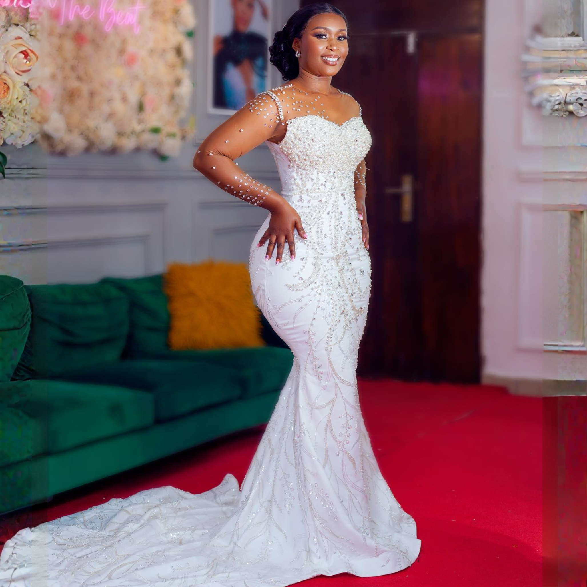Plus storlek aso ebi bröllopsklänningar sjöjungfru eleganta långa ärmar ren nackpärled brudklänning för afrikanska svarta kvinnor med löstagbar tåg brudklänningar cdw164