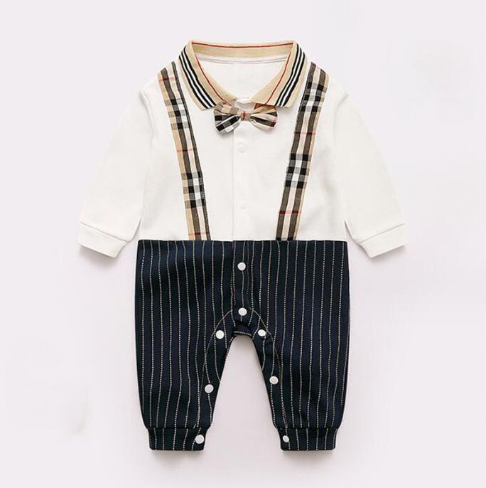 Bahar Sonbahar Bebek Erkekler Ekose Saldıranlar Beyefendi Stil Yenidoğan Uzun Kollu Tulumlar Bowknot Toddler Dönüşü Aşağı Yaka Onesies Bebek giysileri Bebekler Romper