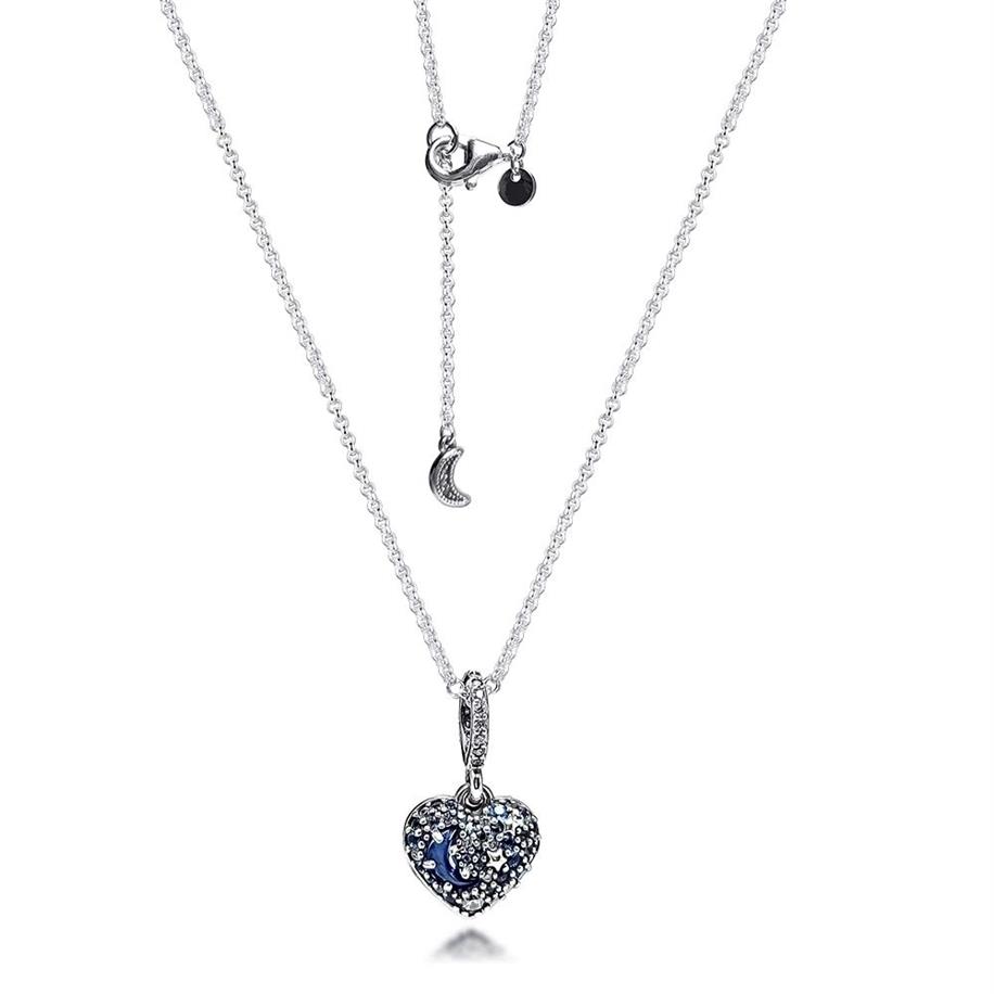 2020 Christmas Sparkling Blue Moon and Stars Heart Necklace 925 Sterling Silver Jewelry chain Pendant Necklaces For Women Men Q012297Q