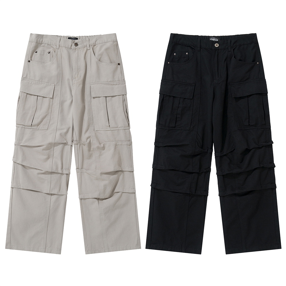 Vintage Pocket Casual Cargo Pants for Men Elastic Waist Straight Oversize Overalls Streetwear Trousers