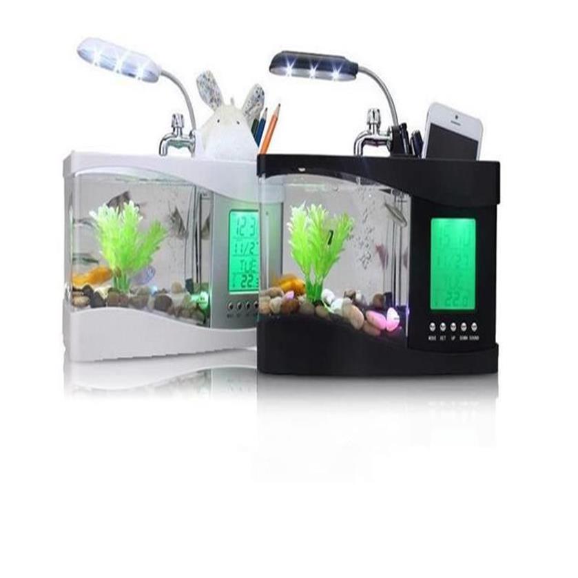 Nyaste mini USB LCD Desktop Lamp Light Fish Tank Multifonction Aquarium Light LED Clock White Black Valentine Christmas Days Gift2388