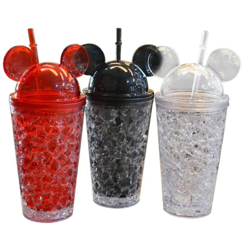 Mode Double Straw Ice Boles Cartoon Grote oren Muis Leuke zomer Koude drankjes Plastic ijsjes Smelksap Koffie Drinkware204V