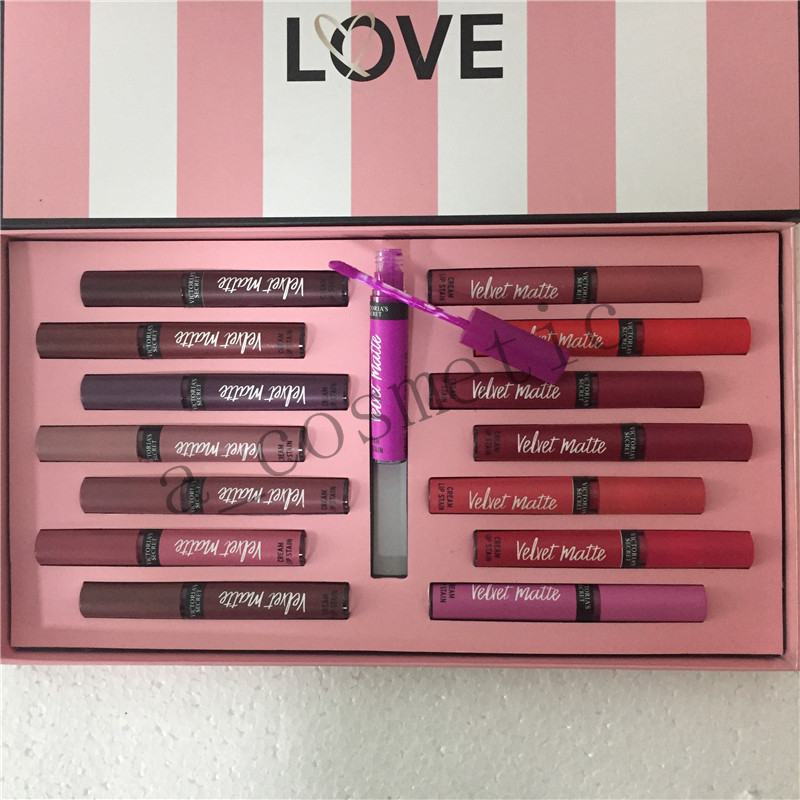 Op voorraad! Lip Gloss Goede kwaliteit Liefde Matte crème Stain Set Liquid lippenstift 15 kleuren Langdurige vochtlipgloss make-up kits met tas