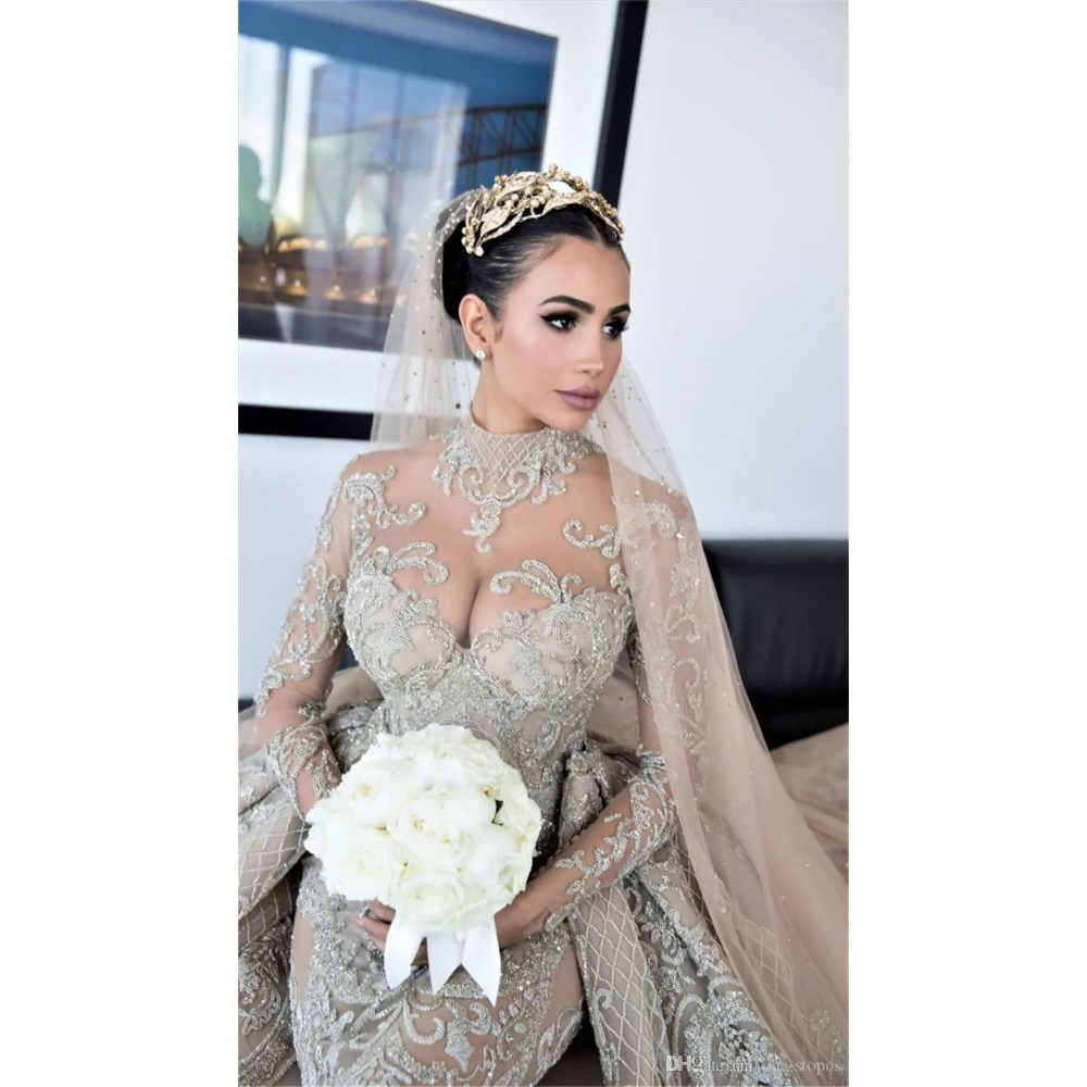 TOUNNINGBRIDE 2024 Luxury Crystal Beaded High Neck Mermaid Wedding Dresses With Löstagbart tåg Sexig plus -storlek Långärmare Champagne Arabiska mulslim brudklänning