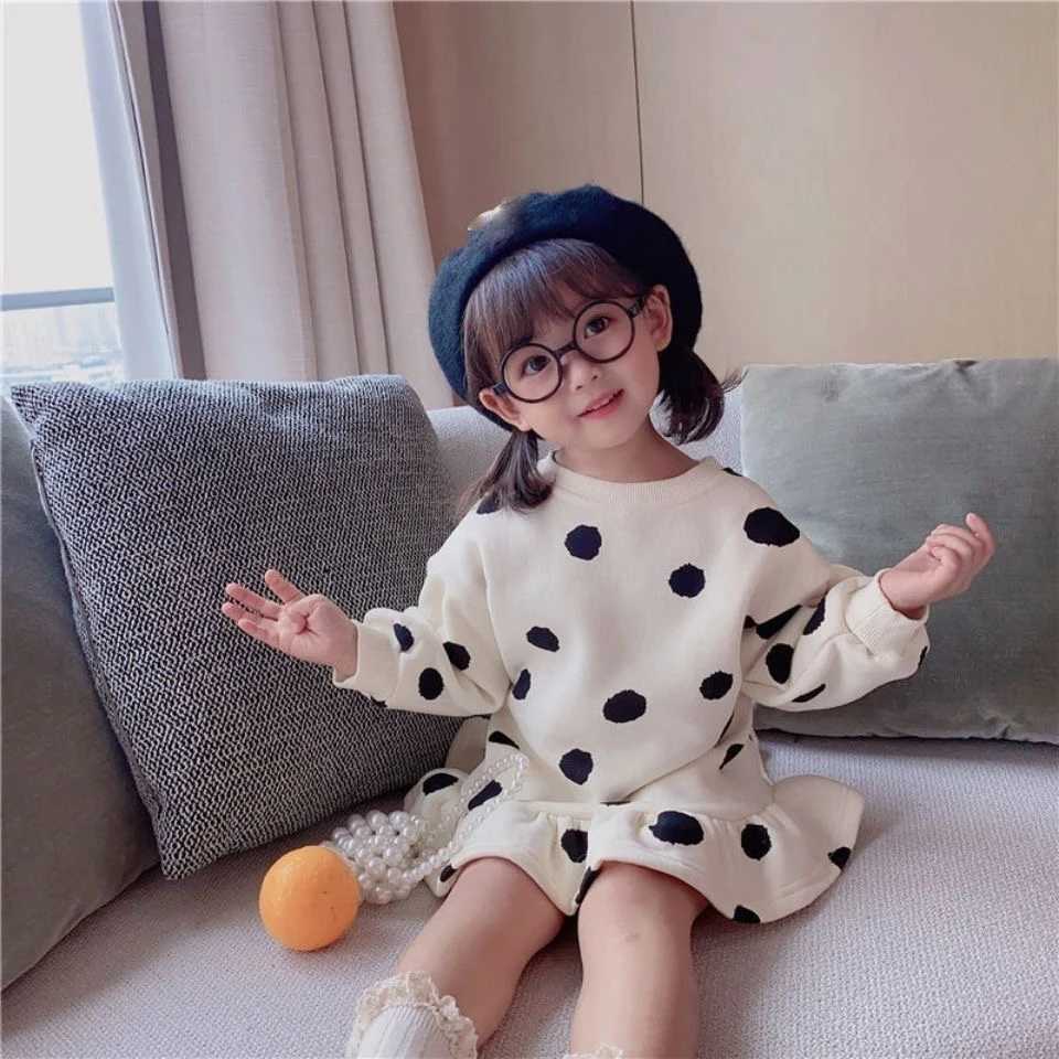 Girl's Dresses Toddler Girls Warm Sweater Dress 2023 Winter New Korean Children Splicing Pleated Dress Kids Polka Dot Printed Casual ClothesL231222