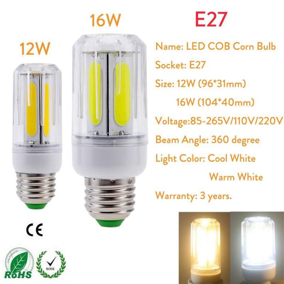 Glödlampor 5x Bright E27 LED Cob Corn Light E26 E14 E12 B22 Lampor 220V 110V 12W 16W Vit ampullbombilla för hemhusets sovrum246x