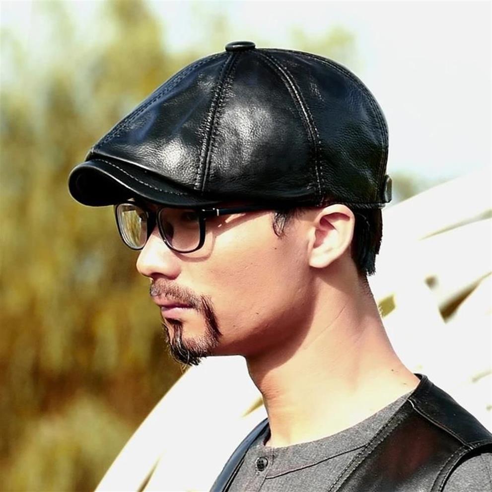 Men's Genuine Leather Warm Octagonal Cap Casual Vintage Sboy Cap Golf Driving Flat Cabbie Hat Winter Male Artist Gatsby Ber2764