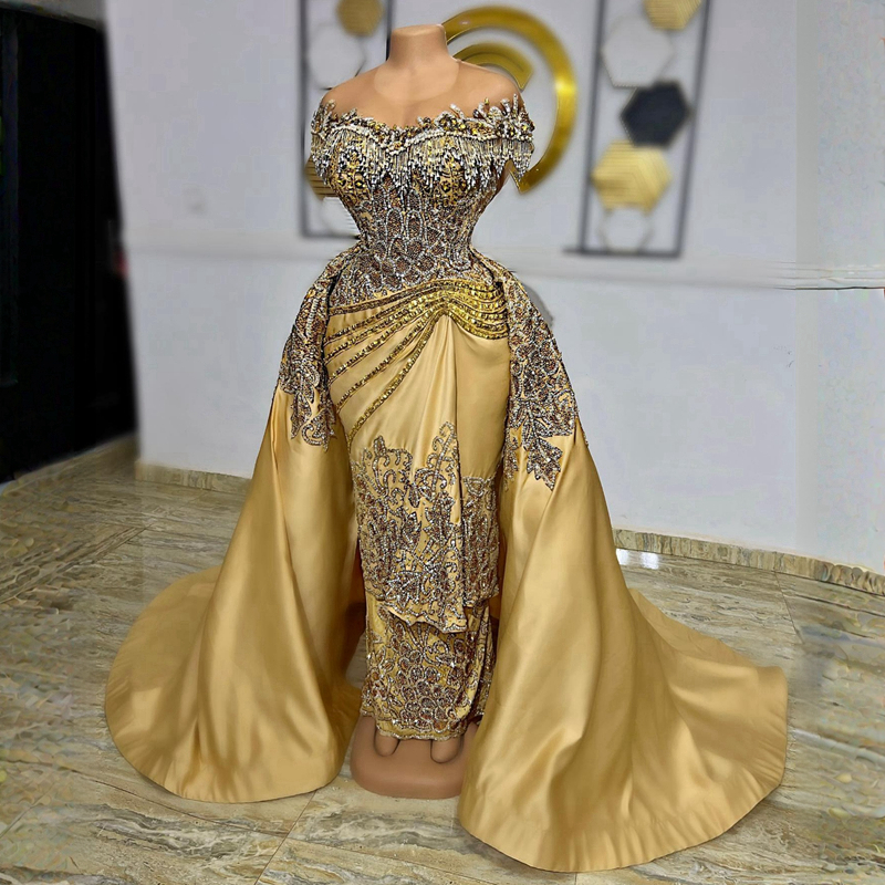 Luxurious Gold Aso Ebi Prom Dresses African Arabic Sheer Neck Beaded Crystals Evening Dress for Special Occasions Black Women Outfit with Detachable Skirt NL093