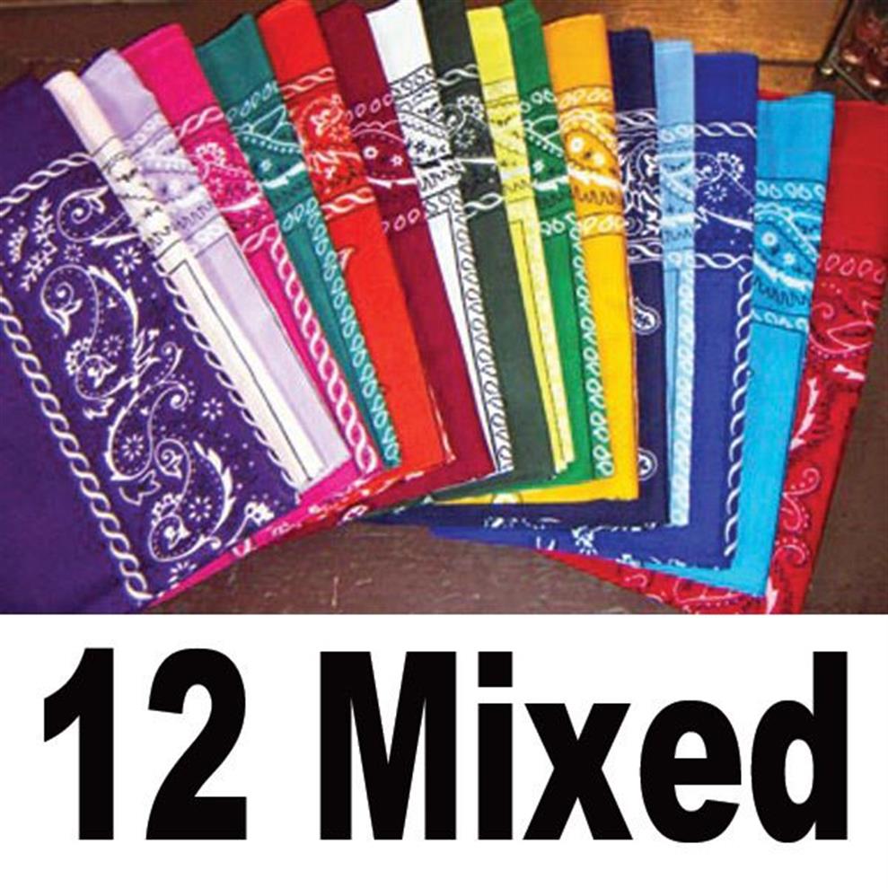 100% Cotton Hela dussin Bandanas 12 st blandade färger Paisley Bandanas dubbelsidig halsduk Huvudband Wrap240o