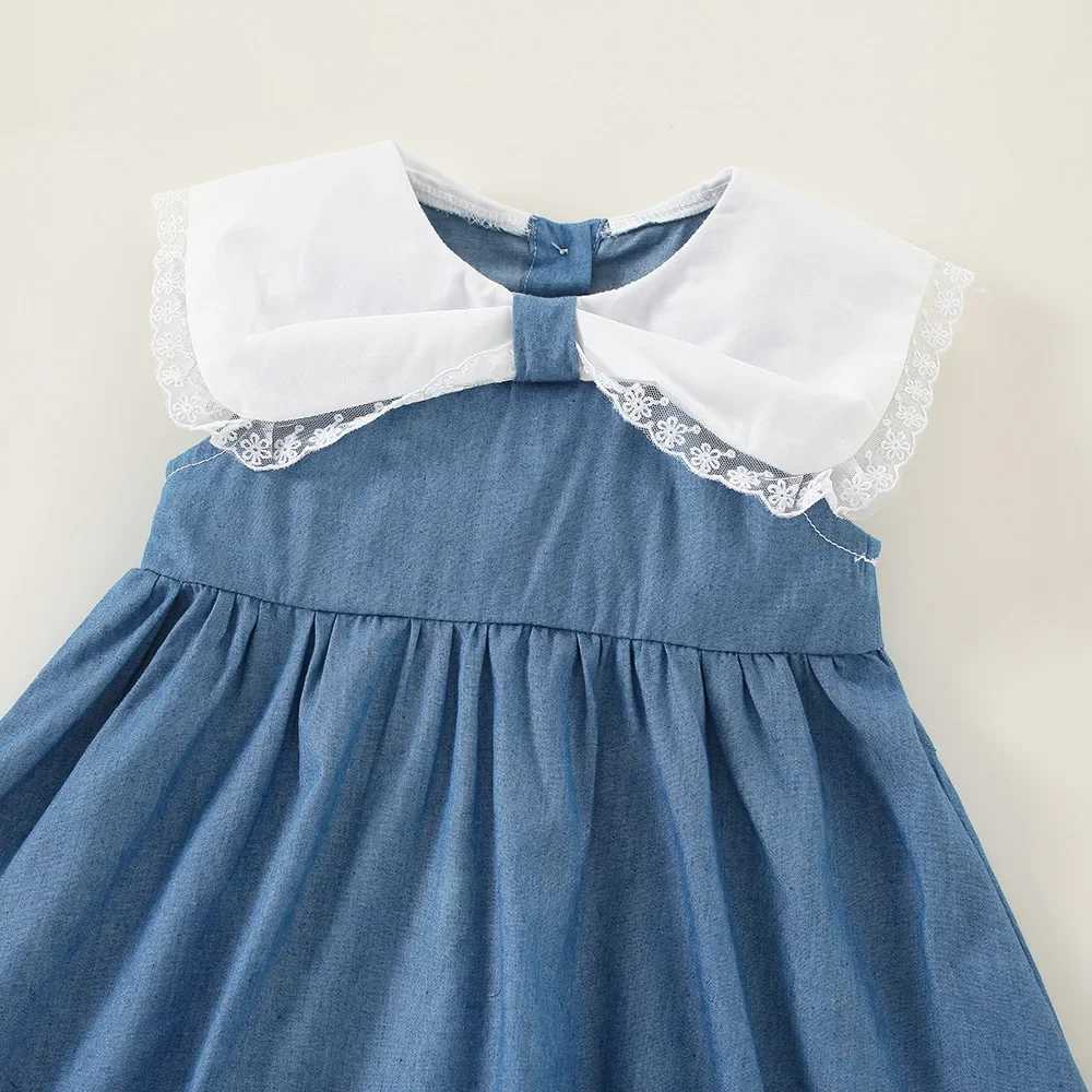 Girl's Dresses Summer Baby Girl Denim Dress Lace Lapel Baby Princess Dress Sleeveless Tank Top Skirt Free BagL231222