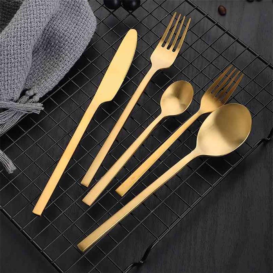 Gold Bestecksets Matt Edelstahl Tabelle Lnife Fork Coffee Löffel Wohnung Spülschale Safes Geschirr 210907250r