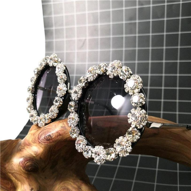 Óculos de sol Oluxury Diamond Round Women Women Brand Oversald Crystal Black Sun Glasses
