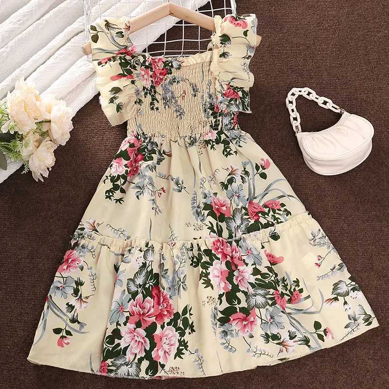Girl's Dresses Summer Girls Long Skirt Polyester Square Collar Suspender Sleeveless Lace Play Smocking A-line Print Dress Pleated ComfortableL2405