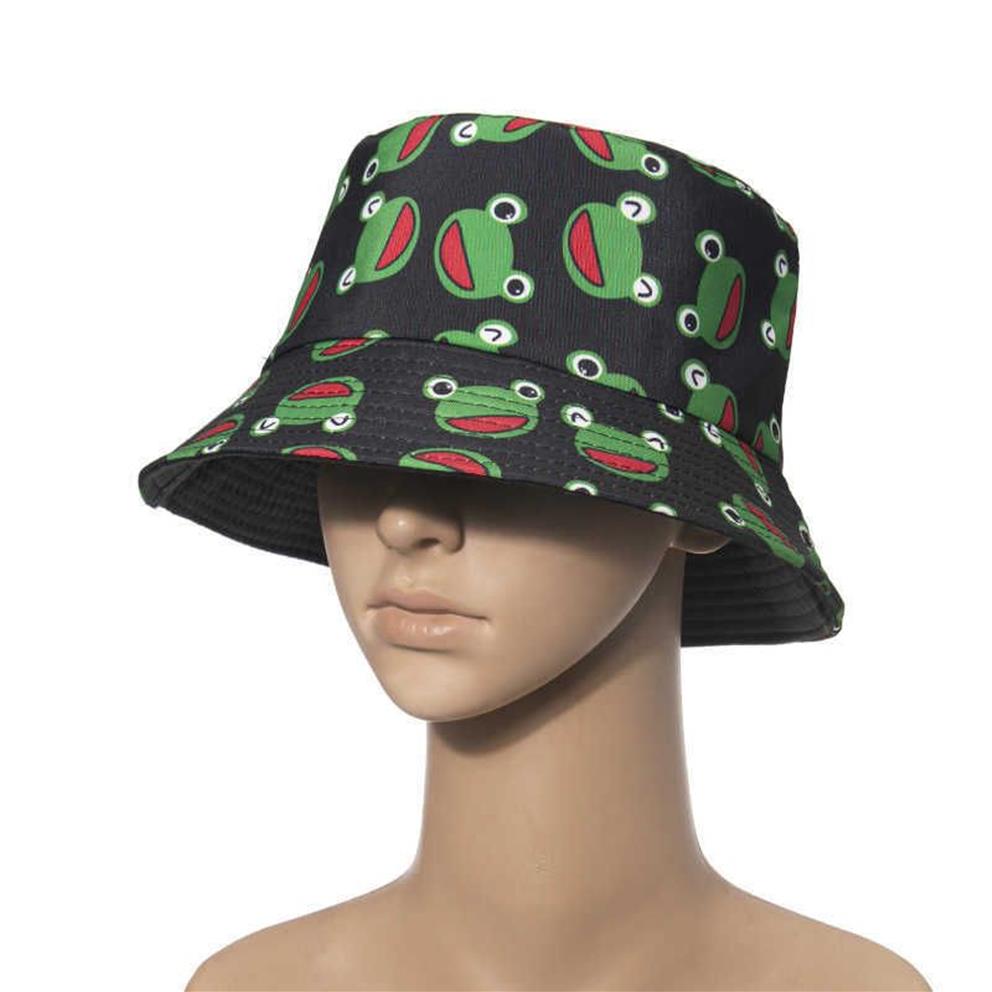 2021 New Pickle Rick Cotton New Bucket Hat Rick Fishing Cap US 애니메이션면 인쇄 피셔 인 밥 모자 태양 낚시 부니 모자 Q0805247C